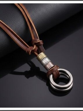 rown Leather Adjustable Pendant Necklace Double Steel Rings Fashion Jewelry‎
